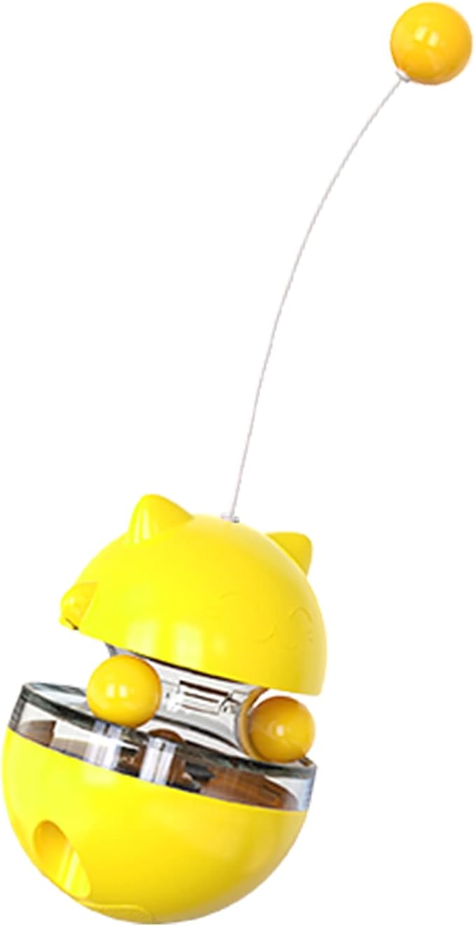 Cat Tumbler Interactive Treat Dispenser Toy, No-Electric Automatic Moving Cat Toy with Wand Ball, Slow Feeder & IQ Training Toy for Indoor Cats & Kittens, Yellow