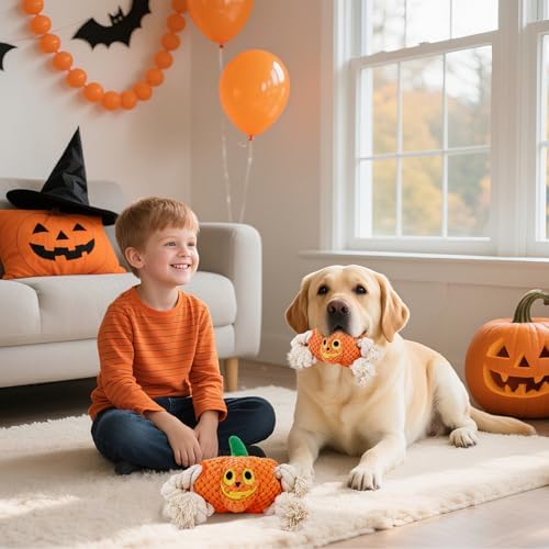 Halloween Dog Toys,Halloween Pumpkin Plush Dog Squeaky Toys with Cotton Rope for Small Medium Dogs