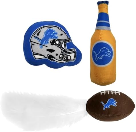 Best Plush CAT Toy - NFL Detroit Lions Complete Set of 3 piece Cat Toys Filled with Fresh Catnip. Includes: 1 Helmet Cat Toy, 1 Football Cat Toy with Feathers & 1 Beer Bottle. Beautiful Team Logos