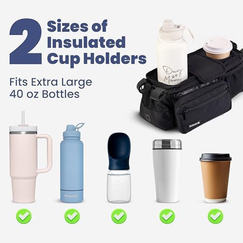 Dog Stroller Caddy Organizer with 2 Insulated Cup Holders & Treat Pocket