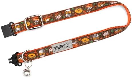 THE WORTHY DOG Halloween Patterns, Breakaway Cat Collar with Bell, Brown