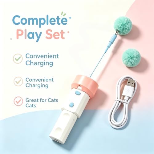 Electric Cat Toy Interactive Teaser - Tpye-C Charging Entertainment Toy for Kitten, One-Click Pop Out & Auto Retractable Cat Wand Toy with Soft Balls, Kitten Teaser Toys for Indoor Cats (White)