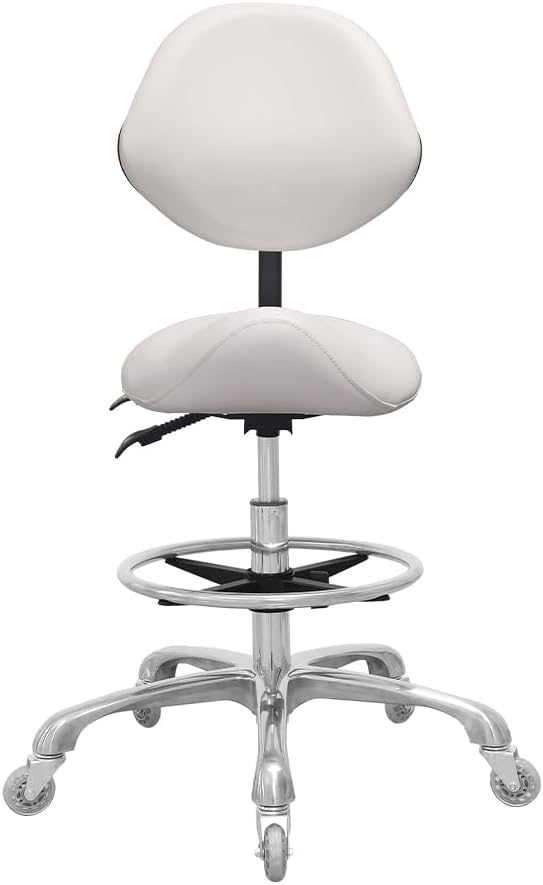 Saddle Stool Chair with Back Support Footrest, Heavy-Duty(350LBS), Hydraulic Rolling Swivel Adjustable Stool Chair for Salon Spa Beauty Massage Dental Clinic Home Office Use(White)