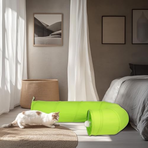 Cat Tunnel, 2-Way Collapsible Cat Tube with Interactive Peek-A-Boo Hole, Toy Ball, and Rope – Ideal for Indoor Cats, Kittens, and Rabbits (Green)