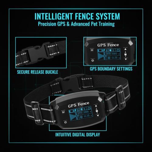 GPS E-Fence Collar, Wireless Dog Collar Fence System for Pet Training, 0.018-1.2 Miles, 30-2000 m Safety Distance, Bark Trainer with 3 Correction Modes, IPX6 Waterproof ABS, Black, 1000 mAh Battery