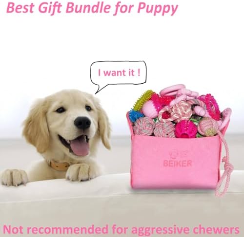 Beiker 20 Pack Pink Puppy Chew Toys, Dog Teething Toys for Puppies | Puppy Teething Rings and Ropes for Small Dogs, Rubber Toy Bundle for Puppy Busy, Cute Interactive Pet Balls for Small Breed