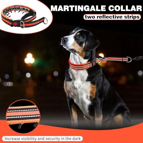 Martingale No Pull Dog Collar for Large Medium Small Dogs, Heavy Duty Nylon Adjustable Reflective Anti Pull Slip Collar with Buckle for Training Walking Hunting S Orange