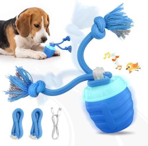 Interactive Dog Toys, Automatic Rolling Dogs Toy with Rope for Small Dogs, Touch Activated Moving Dog Ball for Boredom(Blue)