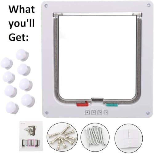 Sailnovo Cat Door for Interior/Exterior Door(Outer Size 7.48" x 7.87"), 4-Way Locking Cat Door Flap,Quiet, ABS Material, Weatherproof Pet Door for Cat/Doggie (Circumference<15.75", Weight<16 lb) White