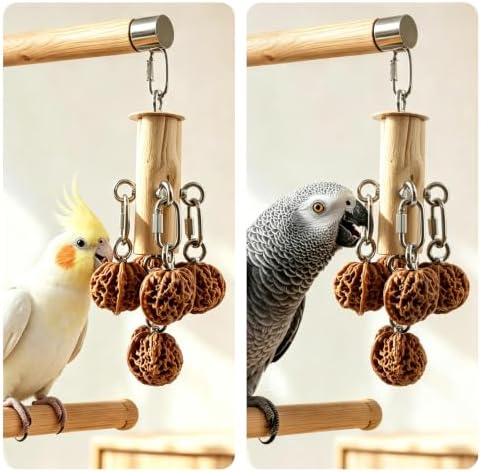 AOTU Bird Toys for Cockatiels Parrot Toys for Large Birds 304 Stainless Steel and Natural Hardwood Chew Toy for Macaw, Cockatoo African Greys Medium to Large Parrots Safe and Durable (Hard Walnuts)