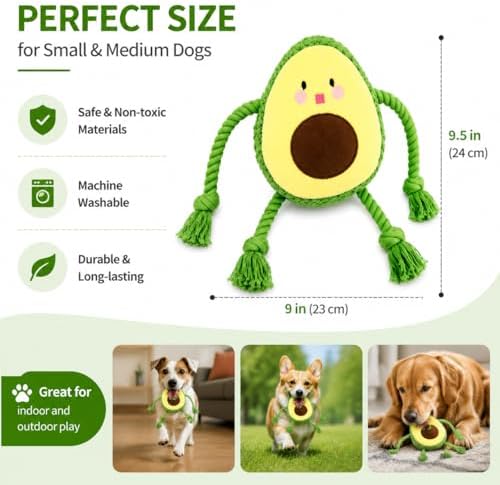 Avocado Squeaky Dog Toy with Rope Legs, Interactive Plush Dog Toy for Small Medium Large Dogs, Durable Tug and Chew Toy for Fetch, Boredom Relief, Mental Stimulation and Indoor Play