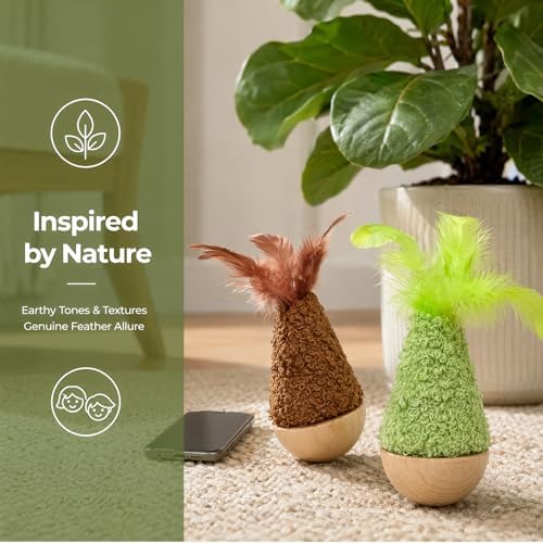 Wooden Wobble Cat Toy for Indoor Kitten, Interactive Tumbler Cat Toy for Small Medium Cats (Green)