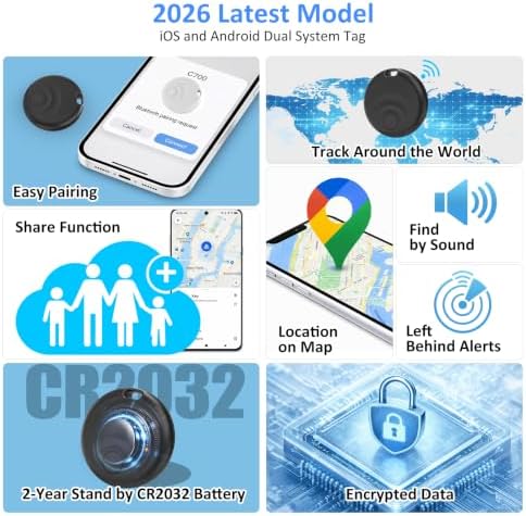 Bluetooth Tracker Tags for iOS & Android | Dual Compatibility with Apple Find My & Google Find Hub - Wireless Locator for Keys, Wallet, Pets, Luggage, 4 Pack