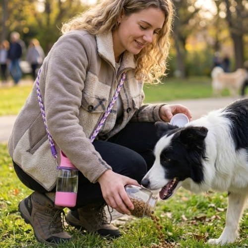 Dog Water Bottle with Food Container, Portable Dog Bowl, Travel Pet Pink