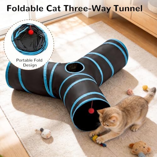 Tempcore Cat Tunnel, 3-Way Collapsible Toy, Large Size Black & Blue