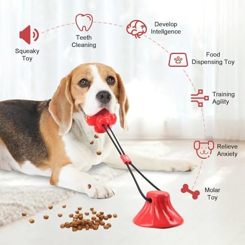 Dog Suction Cup Toy, Suction Cup Dog Toy Tug of War Food Dispensing Ball Play and Exercise Activity for Medium and Large Dogs Self Play Dogs Toys (2, Red)