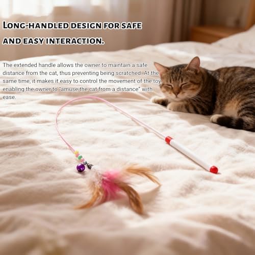 Cat Feather Wand Toy - Steel Wire Feather Interactive Cat Stick Training - Beads Bells Kitten Wand Toys Pet, Funny Kitten Fishing Pole Toy for Bored Indoor Chase & Exercise(1Pcs)