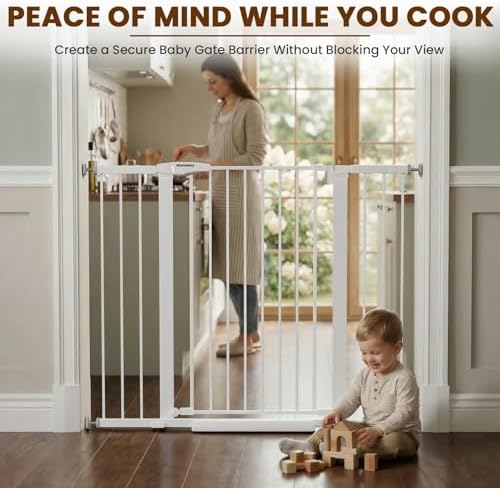 Mumeasy 36" Extra Tall Baby Gate for Stairs, 29.7-48" Wide Dog Gate for Doorways, Walk Thru Pet Safety Gate for Indoor, Pressure Mounted with Auto Close, Easy Install No Drill for Toddlers, White