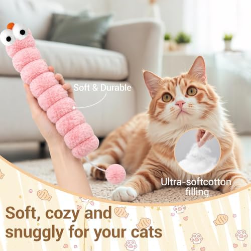 3 Pack Long Cat Kicker Toys with Catnip, 14.5 Inch Plush Caterpillar Cat Toys for Indoor Cats, Interactive Kicker Toys with Rabbit Fur Tail for Biting and Play