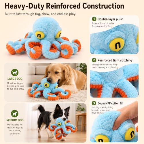 Squeaky Dog Plush Chew Toy, Interactive Tug Squeaky Toy for Chewers, Medium & Large Dogs & Fetch Play, 19.7 Inch Stuffed Octopus Toy with Flexible Spring Tentacles for Gentle Gum Care & Boredom Relief