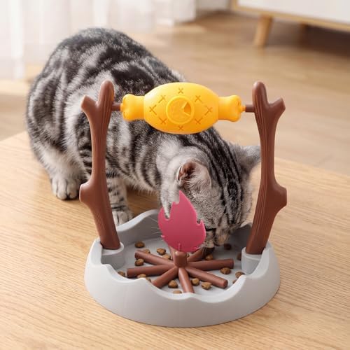 Cat Slow Feeder Puzzle Toy, Rotatable Campfire Roast & Flame Interactive Treat Dispenser for Indoor Cats, Dry Food/Treat Dispensing Enrichment Toy for Mental Stimulation and Slow Eating