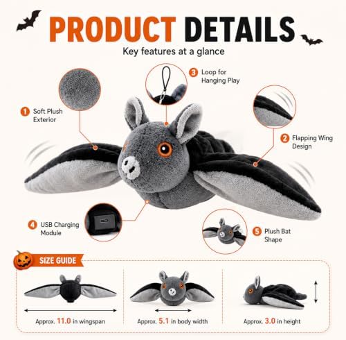 Bat Dog Toy, Interactive Flapping Wings and Chirping Sounds, Rechargeable Hanging and Ground Chase Toy for Small Dogs and Cats
