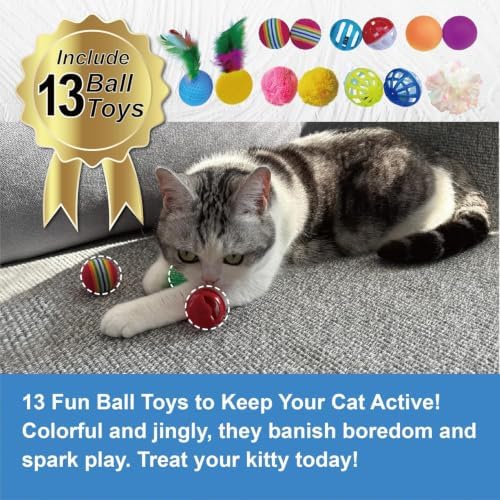 PetLike 25pcs Interactive Cat Toys Set Collapsible Cat Tunnel Interactive Feather Teaser Wand,Spring Toys & Balls for Indoor Cats (Rainbow, 25x55cm)