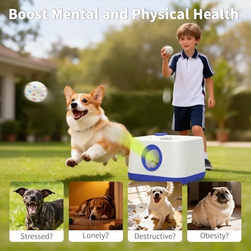 Automatic Dog Ball Launcher, Dual Auto-Manual Modes with Dog Barking Sound, Interactive Dog Fetch Toy, 3 Adjustable Distances, Dog Balls Thrower for Small & Medium Dogs, with 4 Durable ETPU Balls