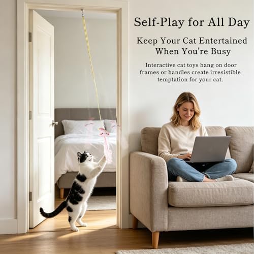 Hanging Door Cat Toy with Elastic String, Interactive Cat Toys for Indoor Cats, Retractable Door Hanging Cat Teaser with Bell/Feather/Plush for Self-Play (5 Pack)