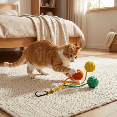 2 Pcs Hanging Cat Toys with Bell Interactive Cat Toy Sisal Rope Ball