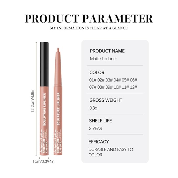 12 Colors Matte Lip Liner Pencil – Long Lasting Waterproof Lip Liner, Smudge Proof Transfer Proof Lip Pencil, High Pigment Lip Makeup for Defining & Filling Lips (08#, 1PCS)