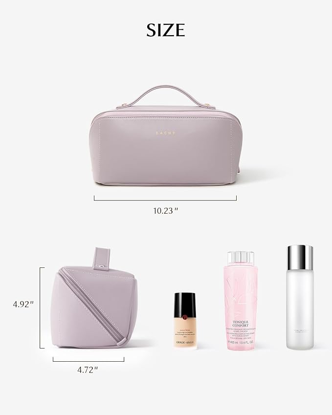 EACHY Travel Makeup Bag, Large Capacity Cosmetic Bag for Women, Waterproof PU Leather, Flat Open Portable Toiletry Bag for Skincare, Brushes & Travel Essentials