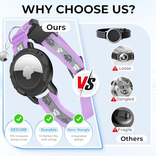 Breakaway AirTag Cat Collar, Reflective Cat Tracker Collar with Bell | Built in AirTag Holder, Adjustable 8.5-12in for Cats, Kittens and Puppies, Safety Elastic Band, Reflective for Night Walking