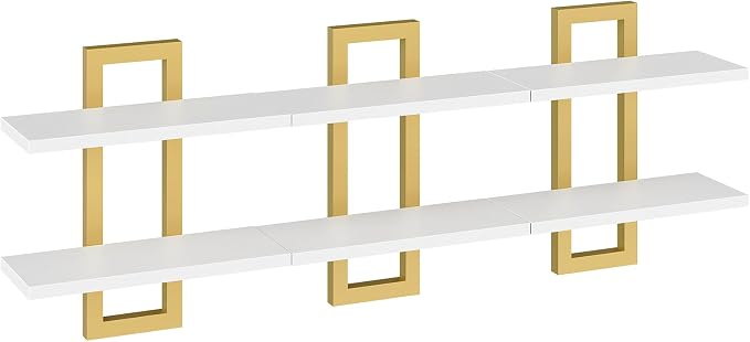 HOOBRO Floating Shelves, 15 Inch Wall Shelf Set of 3, Wall Mounted Storage Shelves 2-Tier, Hanging Bathroom Shelves, for Living Room, Bedroom, Bathroom, Kitchen, White and Gold DW32BJP301