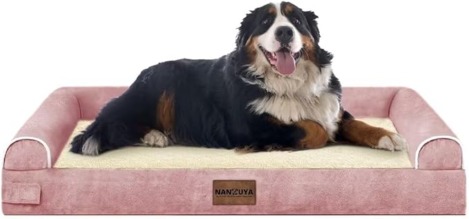 Orthopedic Dog Bed for Jumbo Dogs, 53 x 42 Inch, Pink | Egg crate foam for joint support, 3-sided bolster pet sofa, waterproof lining, washable cover, and non-skid base