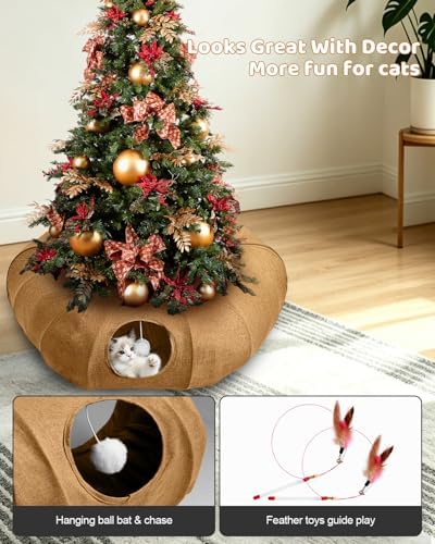 Linen Cat Tunnels with Central Cat Bed, Interactive Cat Toys Detachable Washable Soft Mat Large Indoor Play Tunnel Cave for Kittens and Small Animals