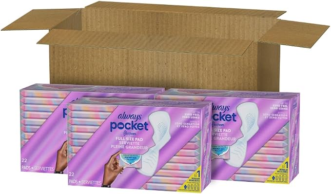 Always Pocket Feminine Pads with FlexFoam, Size 1, Regular, with Wings, Unscented, 66 Count (3 Packs of 22)