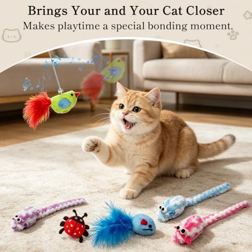 Door Hanging Cat Toy Set, 6 Pack Interactive Self-Play Cat Teaser with Retractable Elastic String, Hanging Door Cat Toys for Indoor Cats Kitten, Boredom Relief, Hunting Instinct, Exercise