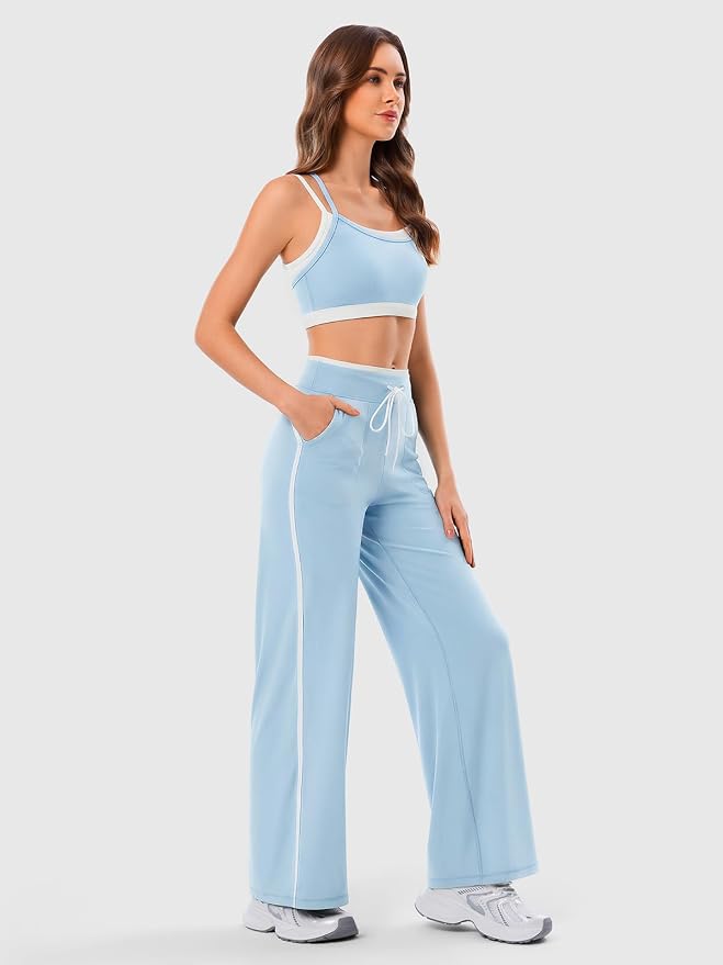 Women's Wide Leg Yoga Pants with Side Stripe, High Waisted Color Block String Lounge Pants, Workout Flowy Track Pants with Pockets