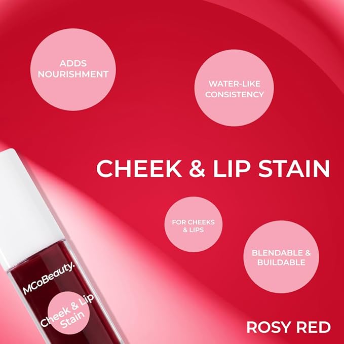 MCoBeauty - Cheek and Lip Stain 2-in-1 Tint - Buildable Rosy Red Color with Vitamin B5 and More - Versatile Water-Based Blush and Lip Tint - Beauty Products