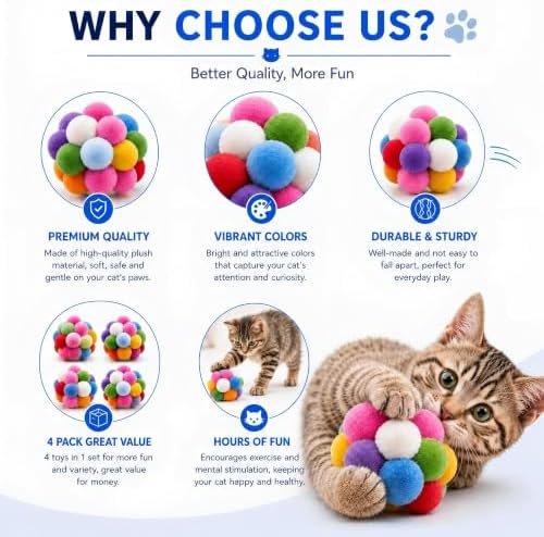 Cat Toy Balls, 1.75", 4PCS, Soft Pom Pom Balls