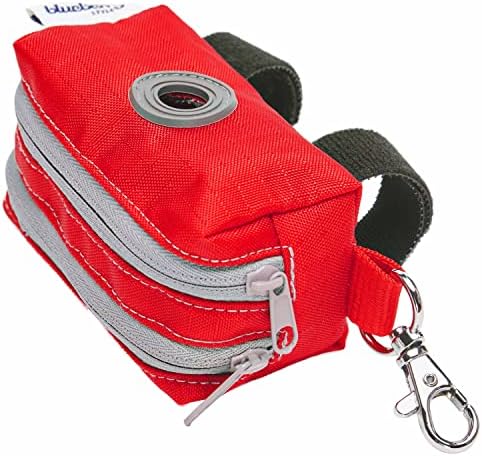 Blueberry Style Red Dog Waste Bag Dispenser, Solid Color Trash Bag Dispenser with 2 Auto Locking Zipper, Dog Poop Bag Holder Leash Attachment, Includes 1 Roll of Free Poop Bags