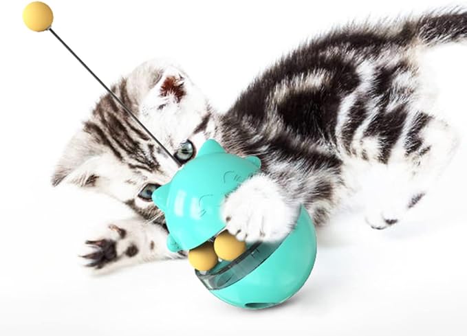 Cat Interactive Toy, Kitty Shape Tumble Food Dispensing Ball, Pet Treat Feeder Leaking Dispenser for Medium Small Dogs Cats (Blue)