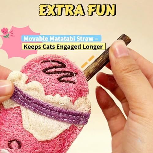 Natural Loofah Chew Cat Toys Janpanese Style, Dental Care Silvervine Sticks for Indoor Cats and Kittens, Milk Tea Cup-Shaped Catnip Treat Toys (Brown)