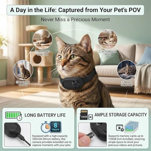 Pet Collar Camera 170 Degree Wide Angle Lens Video Recording Action Camera for Dogs and Cats Indoor Outdoor High Resolution Battery Life Collar Camera Pet Wearable Pet Camera