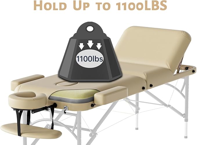 Professional Massage Table Portable 3 Fold Premium Memory Foam Aluminium Leg Hold Up to 1100LBS 8 Heights Adjustable with Carrying Bag Cream