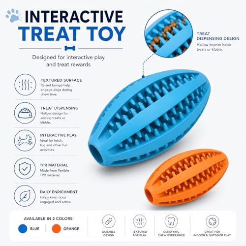 Dog Treat Ball (2 Pack) — Interactive Treat Dispensing Chew Toy for Small, Medium & Large Dogs, Textured Rubber for Dental Cleaning, Boredom & Stress Relief, Blue & Orange