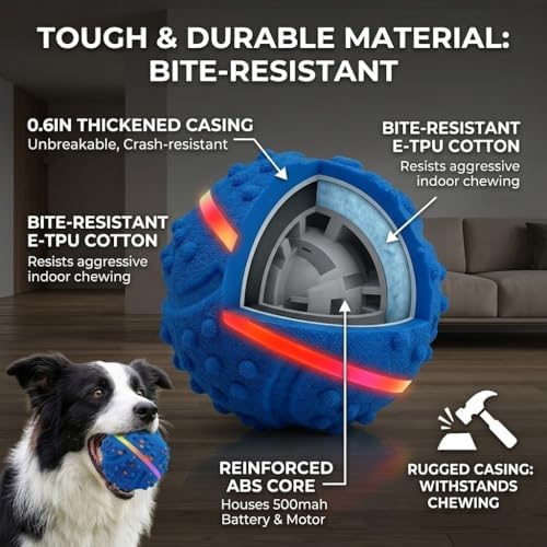 SUREMAX Interactive Dog Toys for Aggressive Chewers, LED Smart Dog Ball 0.6in Thickened E-TPU, Motion Activated Bouncing Balls for Dogs to Keep Them Busy, Indestructible Pet Toy (Blue)