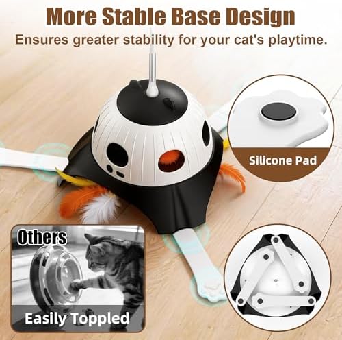 Casfuy 3-in-1 Interactive Whack-a-Mole & Rotating Feather Wand Cat Chasers Toy with Plush Tail, Black