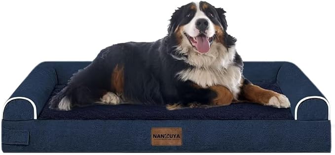 Orthopedic Dog Bed for Jumbo Dogs, 53 x 42 Inch, Navy | Egg crate foam for joint support, 3-sided bolster pet sofa, waterproof lining, washable cover, and non-skid base
